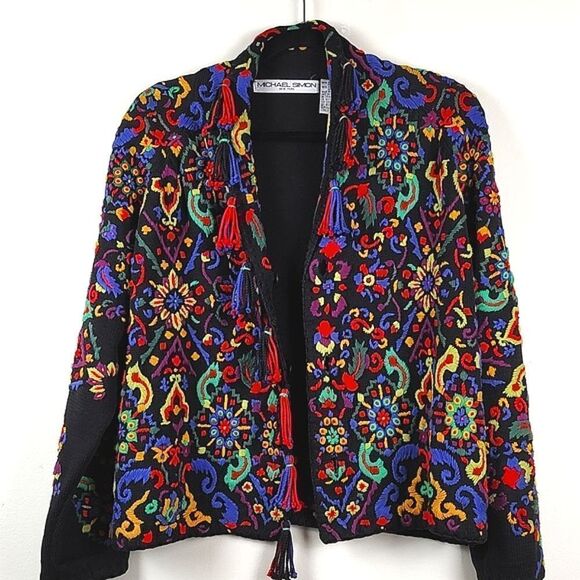 Michael Simon Embroidered Collared Cardigan with Tassels 1992 Vintage - Picture 13 of 13